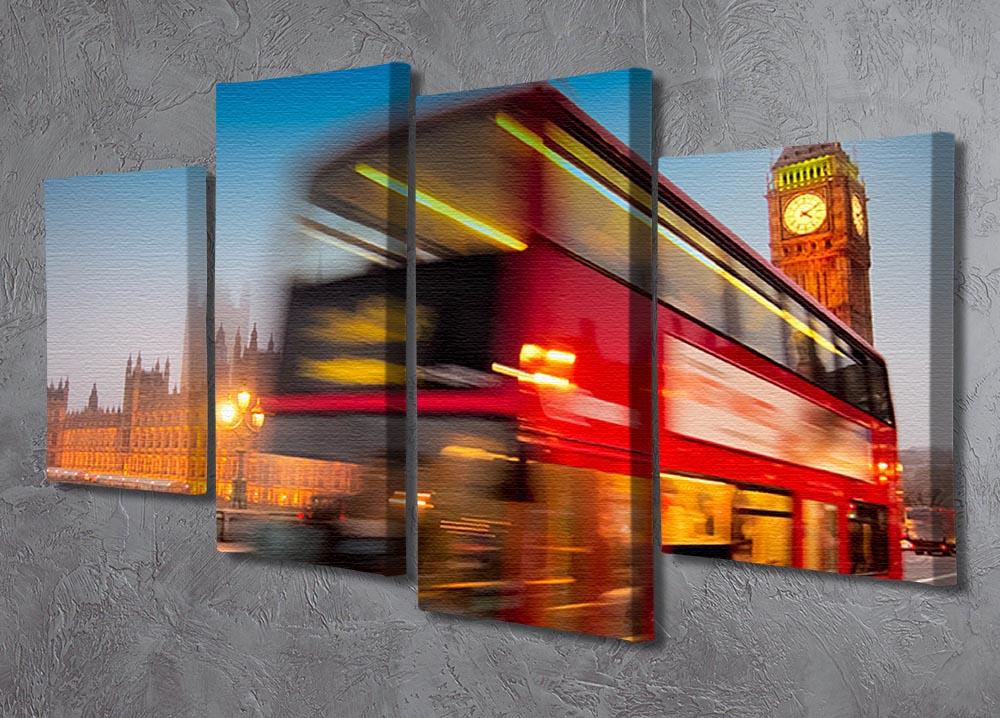 A vibrant 4-split canvas artwork featuring a red double-decker bus in front of the Houses of Parliament, showcasing London's iconic scenery.